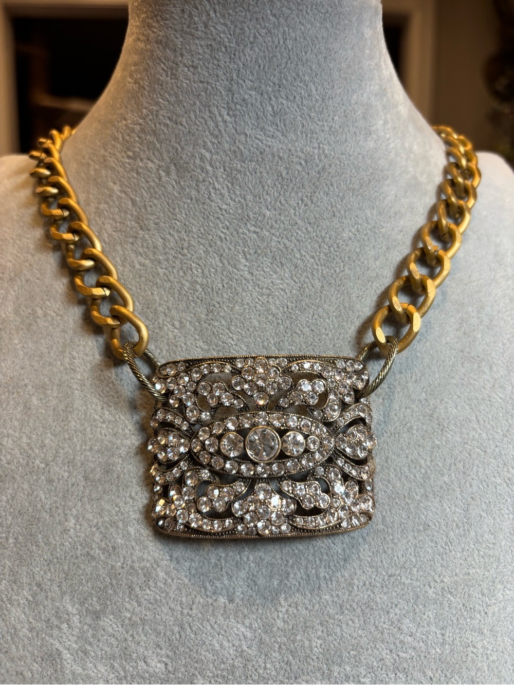 Handmade Gold tone Chain Necklace with Clear Crystal Pave repurposed Pendant